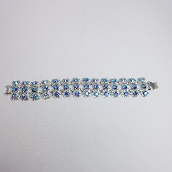 Vintage Wide Blue Rhinestone and Silver Tone Panel Bracelet, Retro 60s 70s Style - Picture 3 of 7
